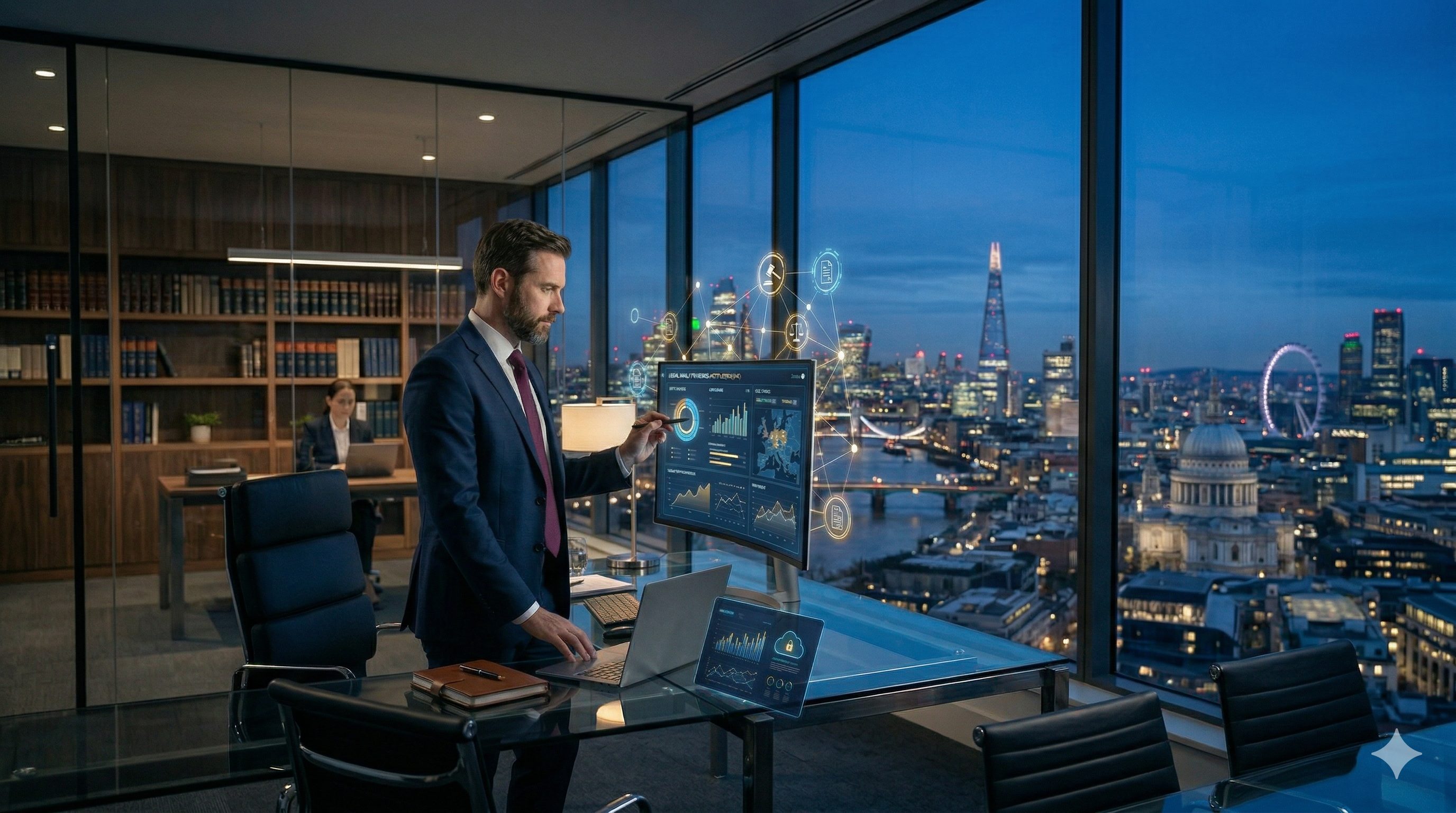 Escritório moderno com dashboard de monitoramento jurídico